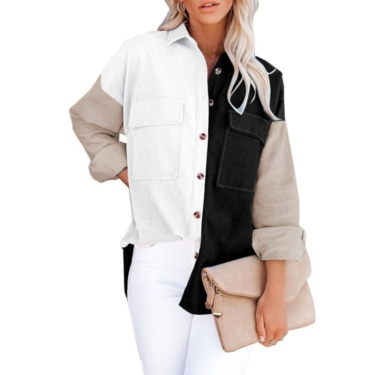Lapel Long Sleeve Contrast Color Corduroy Jacket Loose Casual Shirt for Ladies