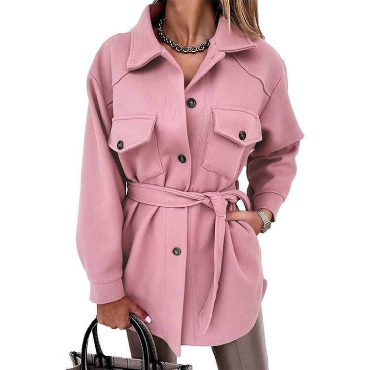 Solid Color Lapel Mid-length Woolen Coat With Belt for Ladies