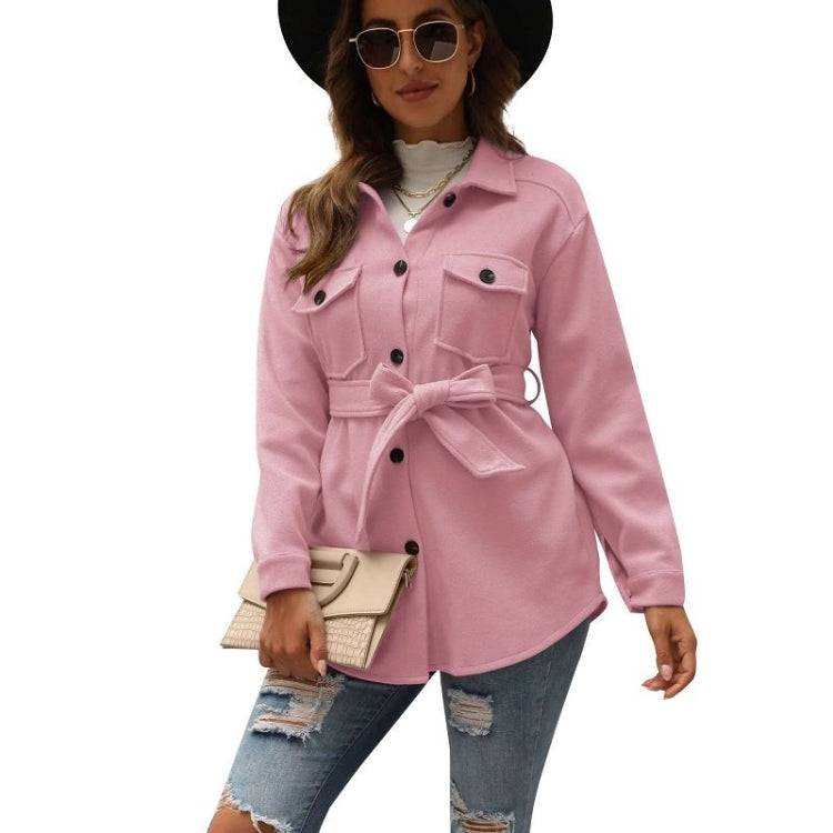Solid Color Lapel Mid-length Woolen Coat With Belt for Ladies