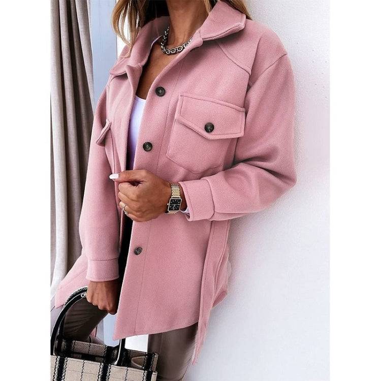 Solid Color Lapel Mid-length Woolen Coat With Belt for Ladies
