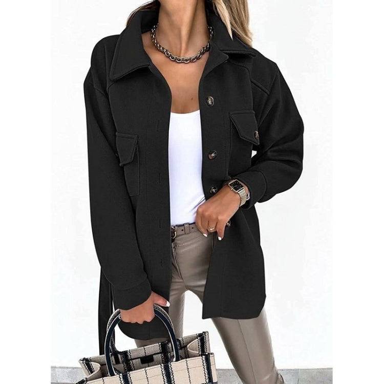 Solid Color Lapel Mid-length Woolen Coat With Belt for Ladies