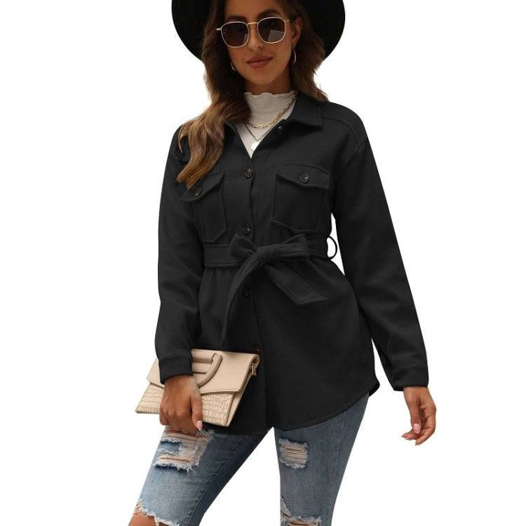 Solid Color Lapel Mid-length Woolen Coat With Belt for Ladies