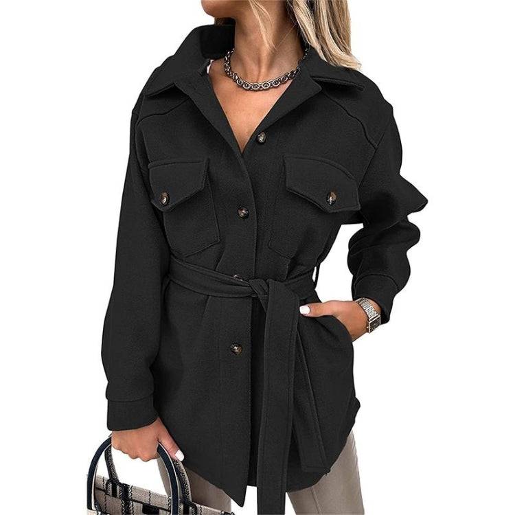 Solid Color Lapel Mid-length Woolen Coat With Belt for Ladies