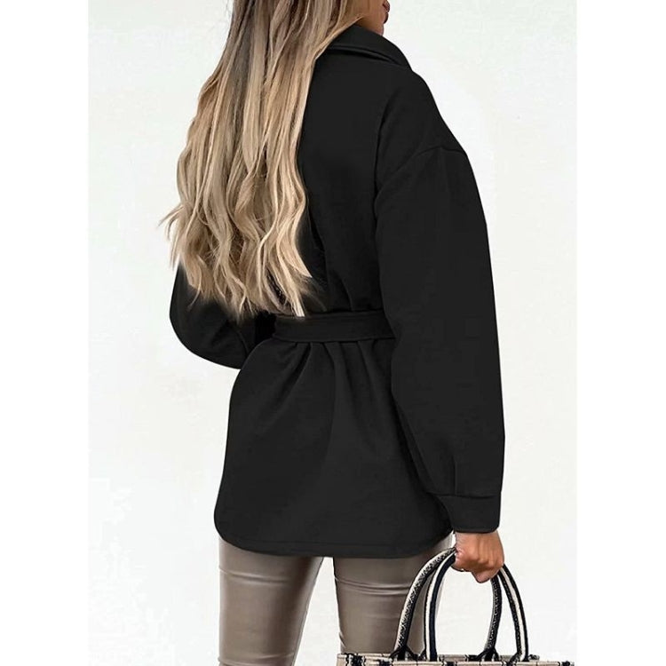 Solid Color Lapel Mid-length Woolen Coat With Belt for Ladies
