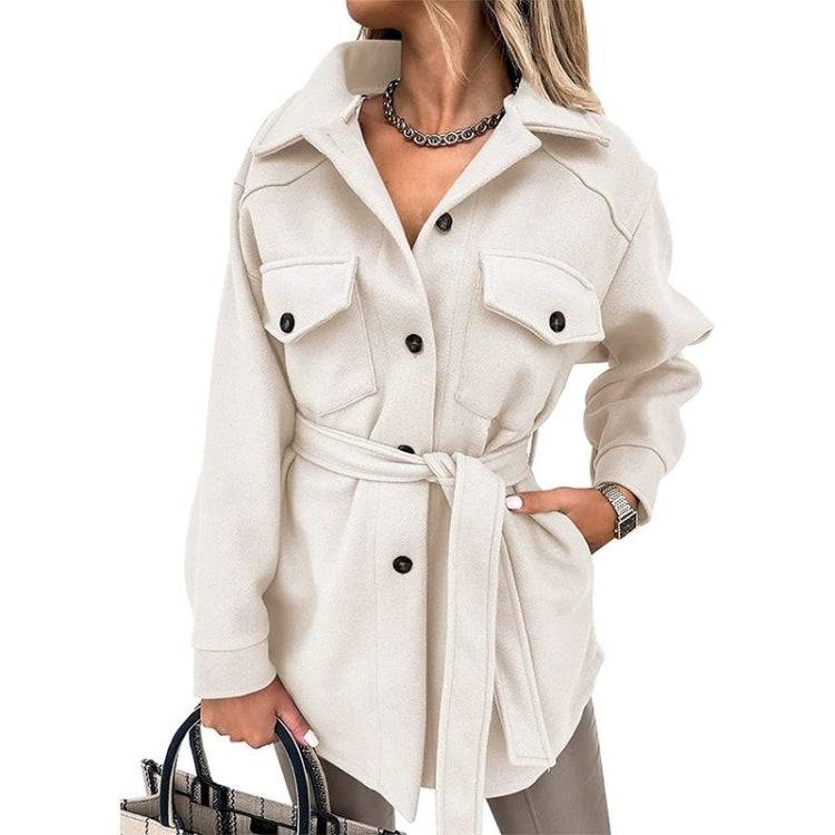 Solid Color Lapel Mid-length Woolen Coat With Belt for Ladies