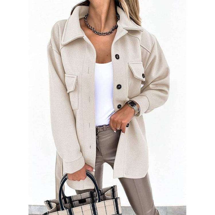 Solid Color Lapel Mid-length Woolen Coat With Belt for Ladies
