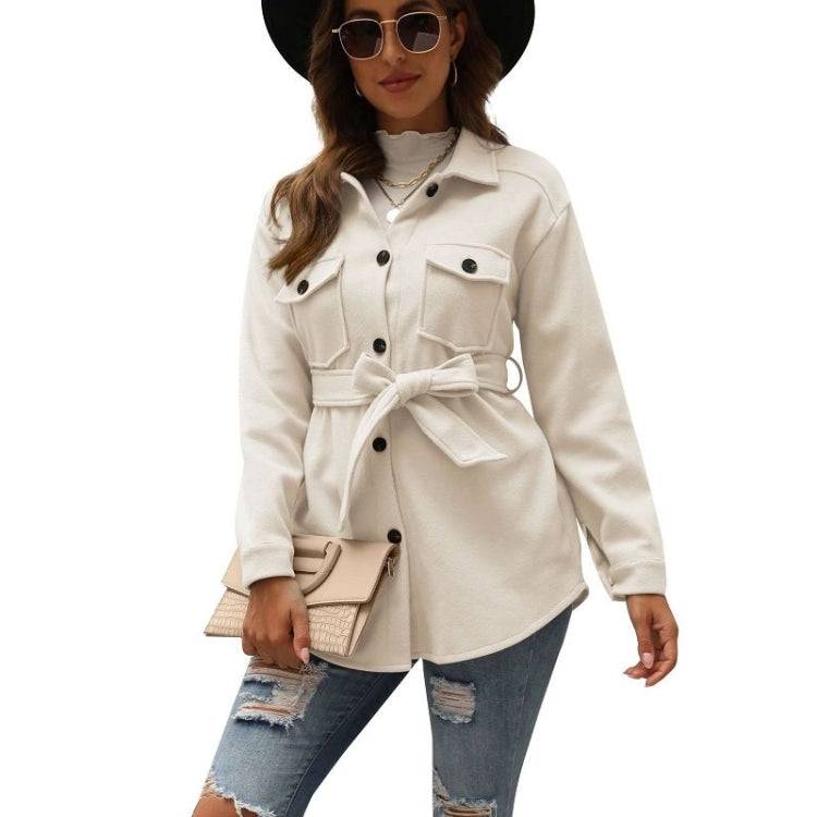 Solid Color Lapel Mid-length Woolen Coat With Belt for Ladies