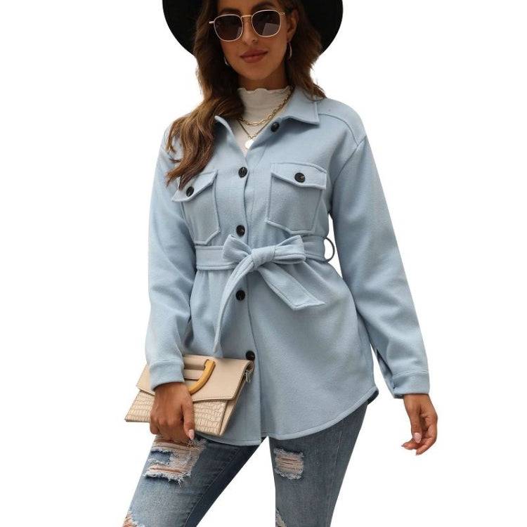 Solid Color Lapel Mid-length Woolen Coat With Belt for Ladies