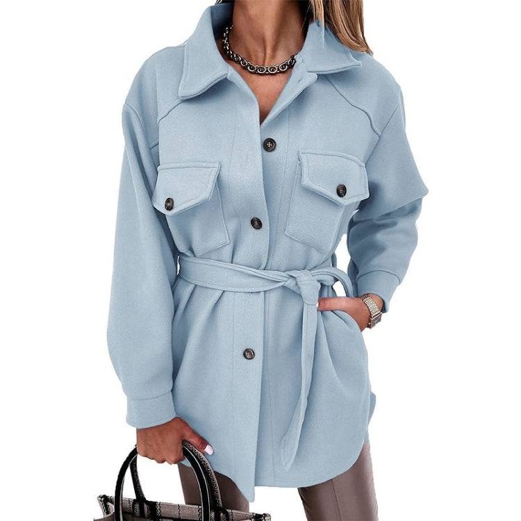 Solid Color Lapel Mid-length Woolen Coat With Belt for Ladies