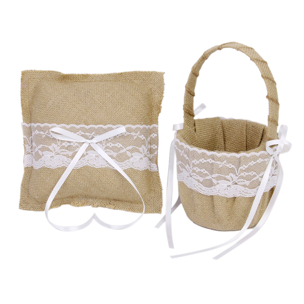 Rustic Wedding Ceremony Burlap Lace Flower Basket +   Bearer Pillow