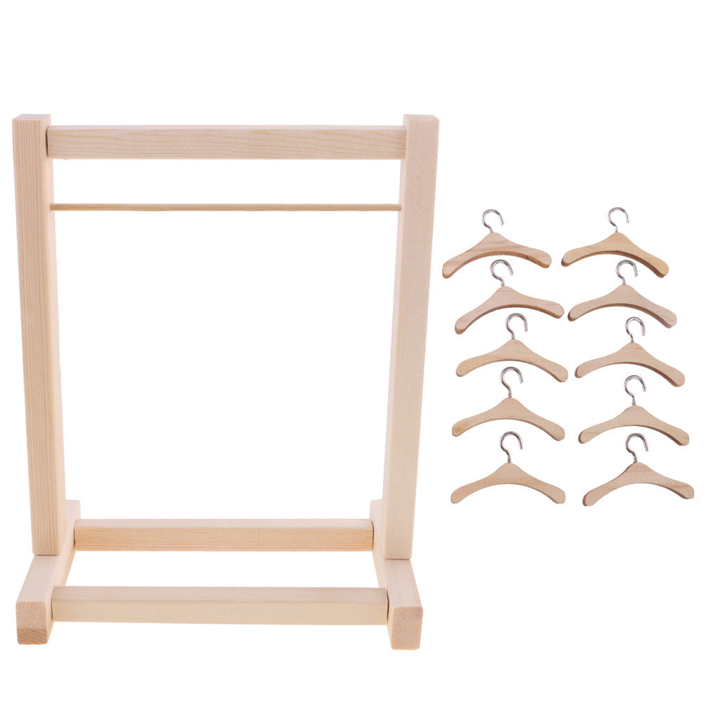 Mini Wooden Clothes Hanging Stand with 10pcs Hook Hangers Set for 12'' BJD