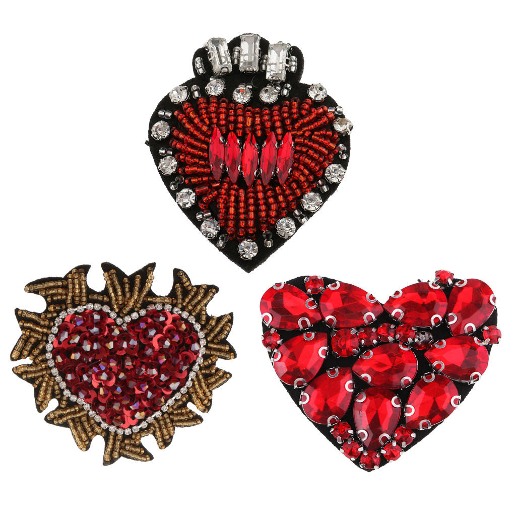 Prettyia 3pcs Heart Beaded Rhinestones Patch Sewing Applique for Clothes Bag