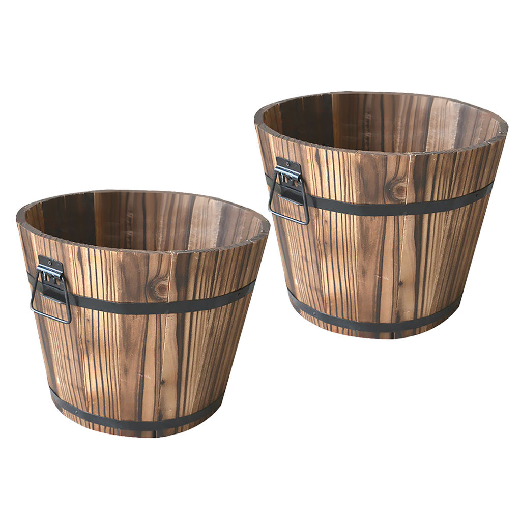 2 Pcs Wooden Planter Barrel Flower Pot Whisky Barrel Planter Container W/ Handle