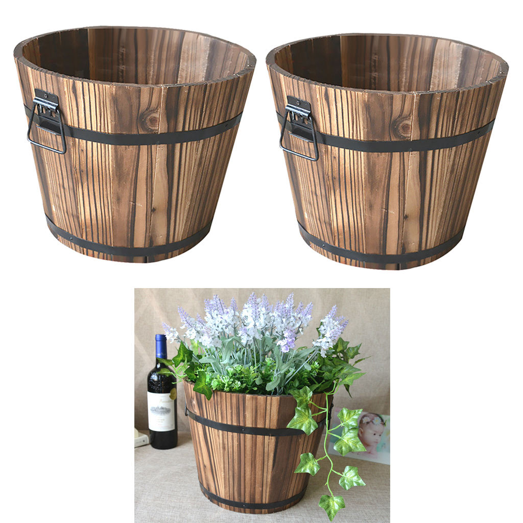 2 Pcs Wooden Planter Barrel Flower Pot Whisky Barrel Planter Container W/ Handle