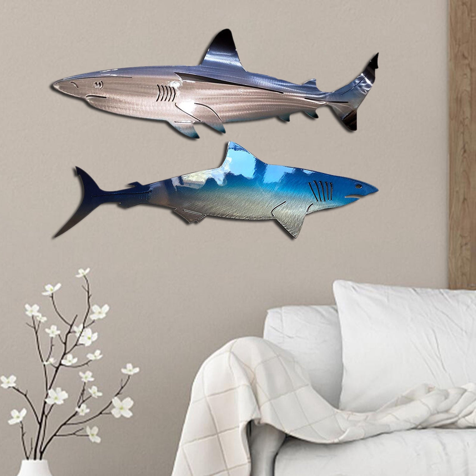 2x Metal Shark Wall Decor Hanging Sculpture Home Patio Nautical Ornament