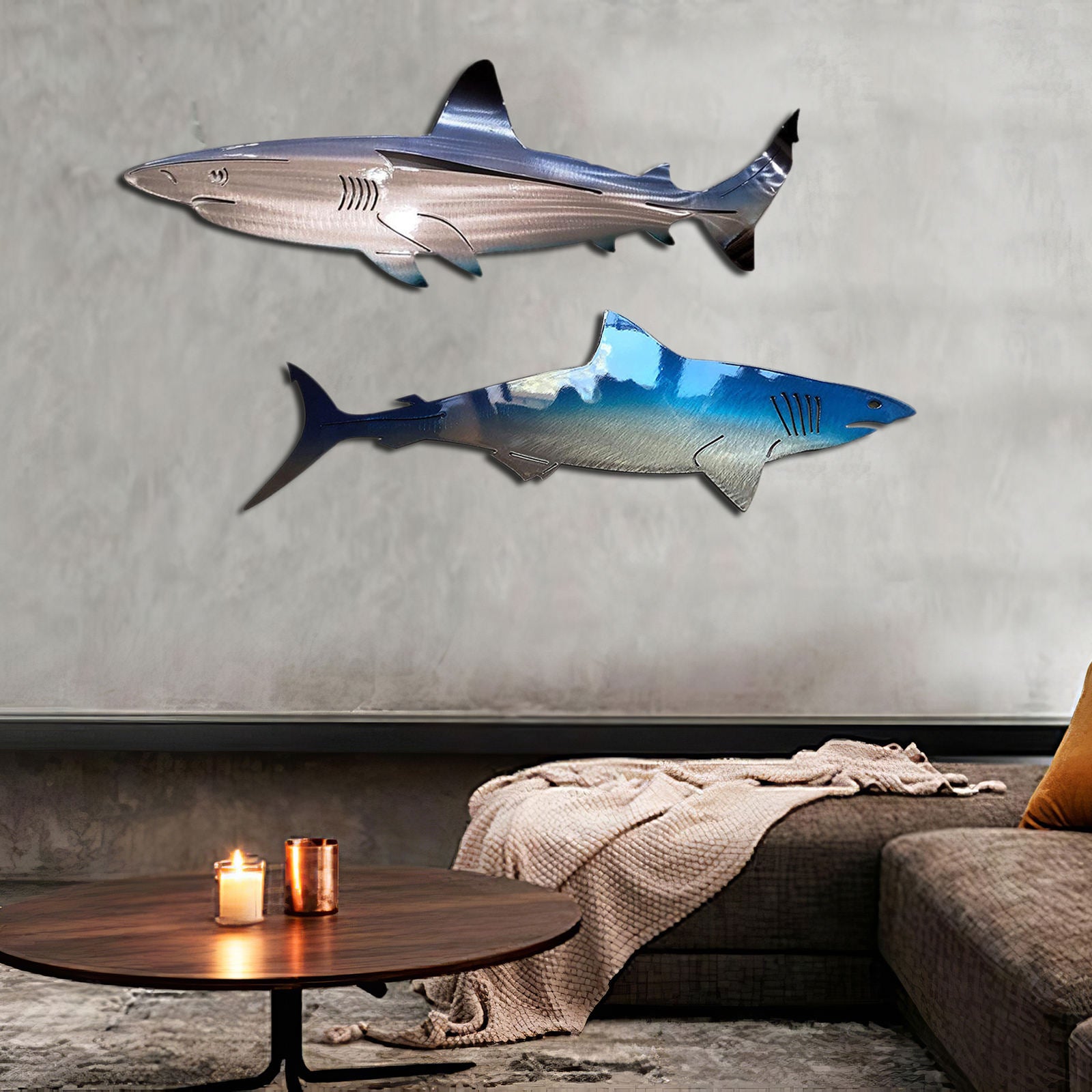 2x Metal Shark Wall Decor Hanging Sculpture Home Patio Nautical Ornament