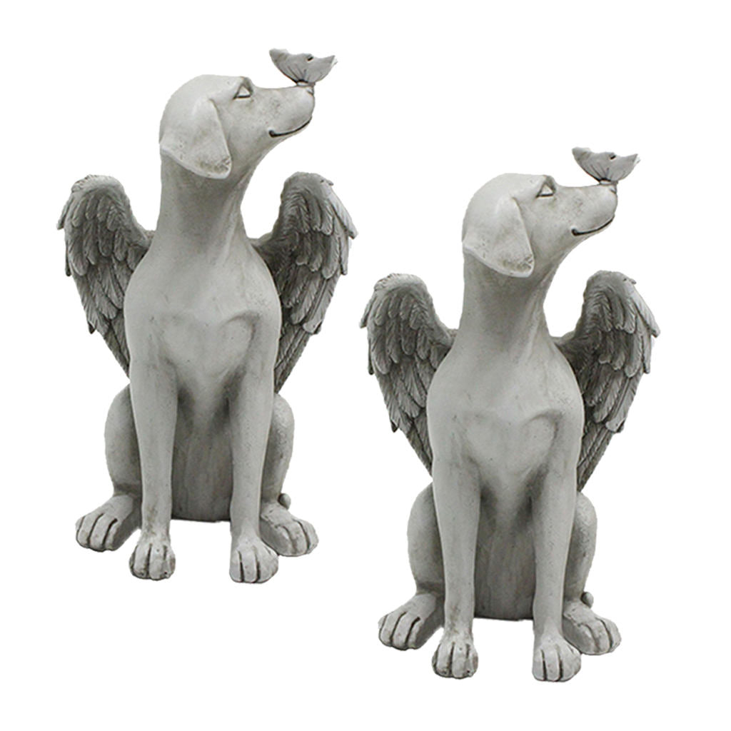 2x Engel  Statue Hund Flügeln Grabmarker Tributfigur Gartendekoration