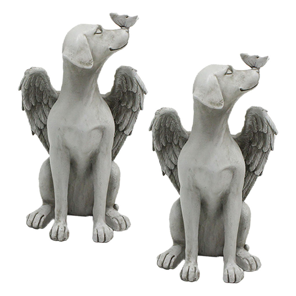 2x Engel  Statue Hund Flügeln Grabmarker Tributfigur Gartendekoration