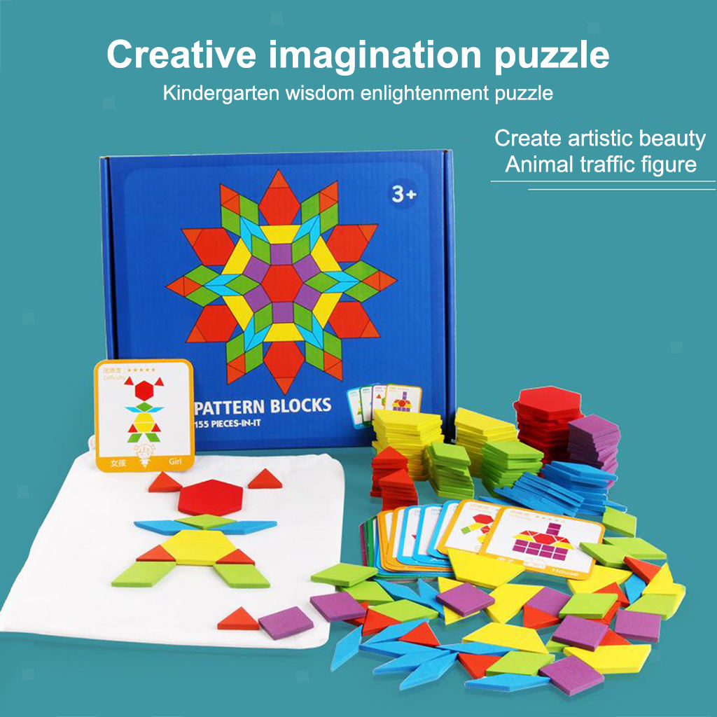 Wooden Pattern Blocks Set Geometric Shape Jigsaw Puzzle Preschool Puzzles