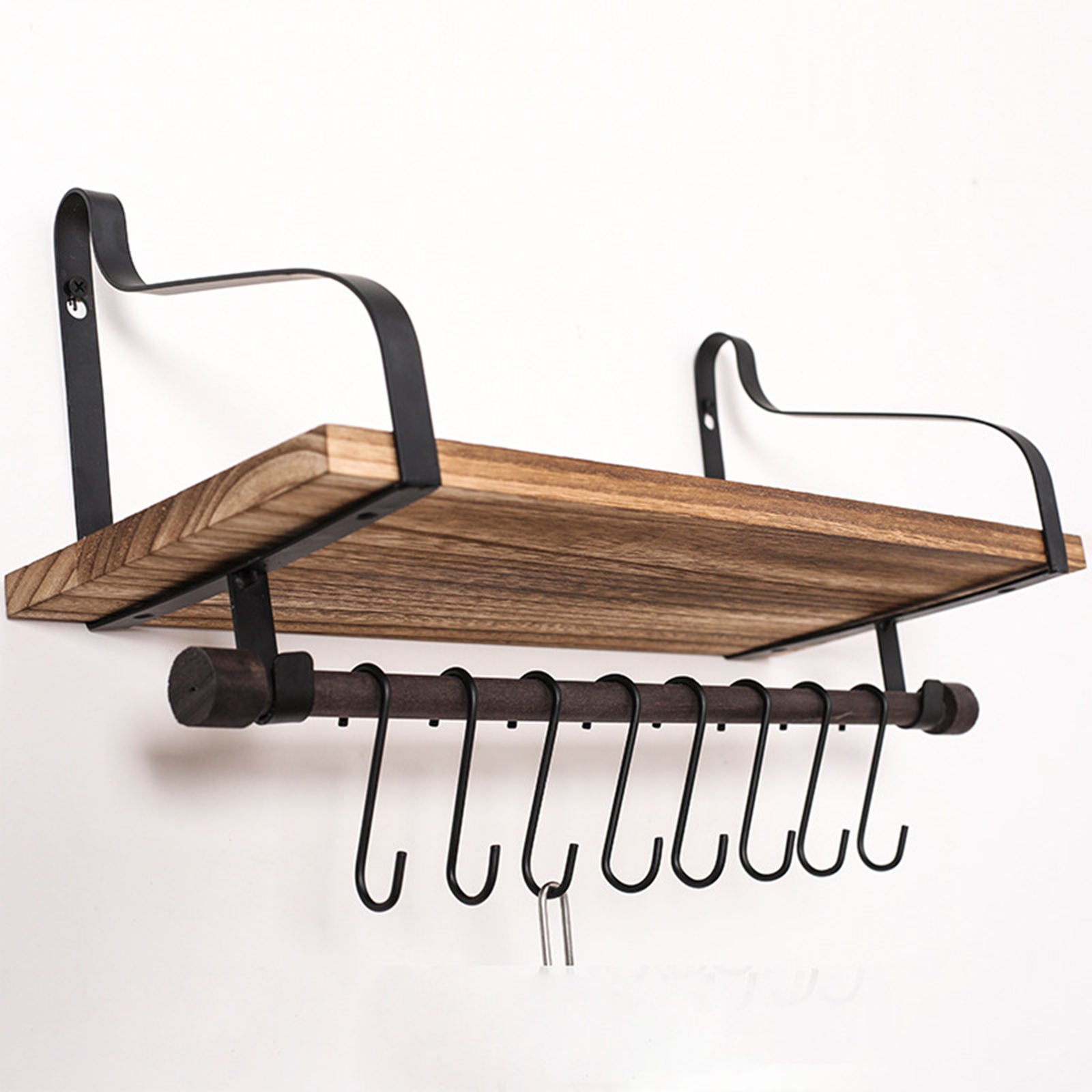 Floating Wood Shelves Rack Hanger 8 Removable Hooks Home Kitchen Organizer