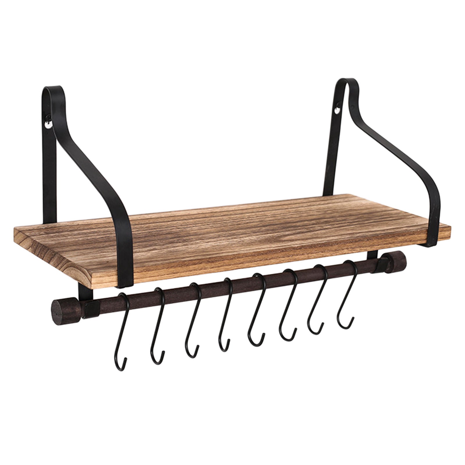 Floating Wood Shelves Rack Hanger 8 Removable Hooks Home Kitchen Organizer