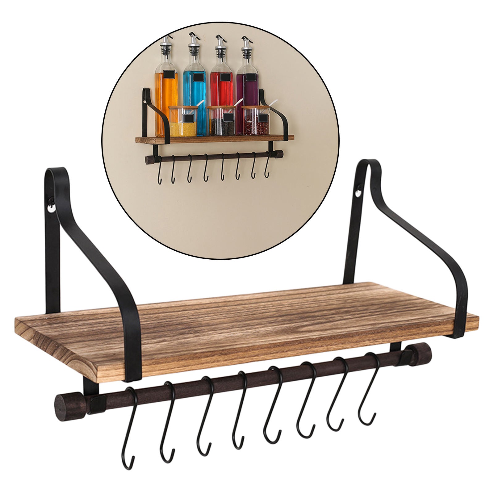 Floating Wood Shelves Rack Hanger 8 Removable Hooks Home Kitchen Organizer