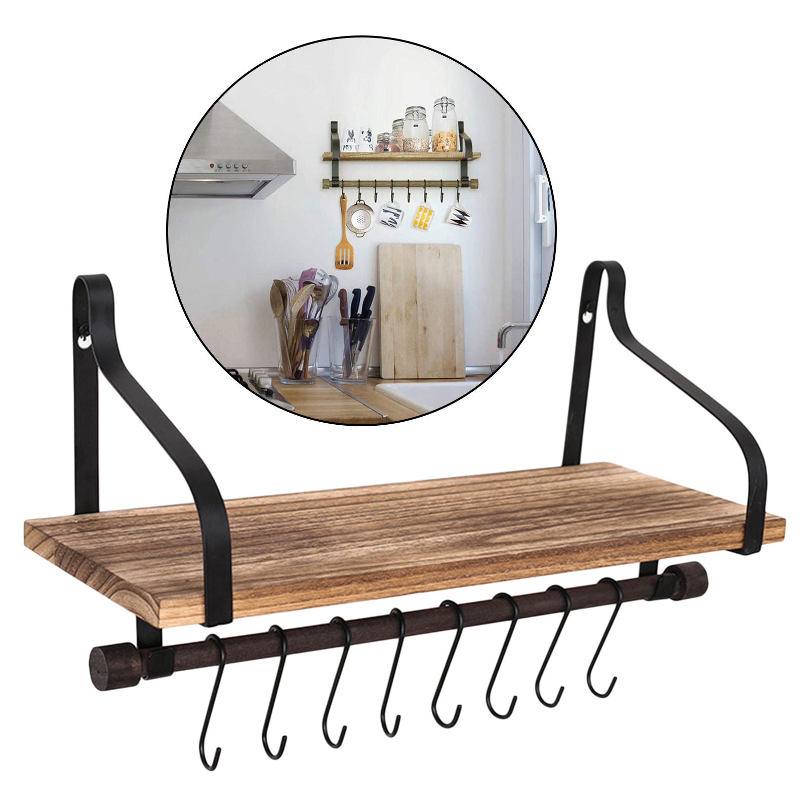 Floating Wood Shelves Rack Hanger 8 Removable Hooks Home Kitchen Organizer