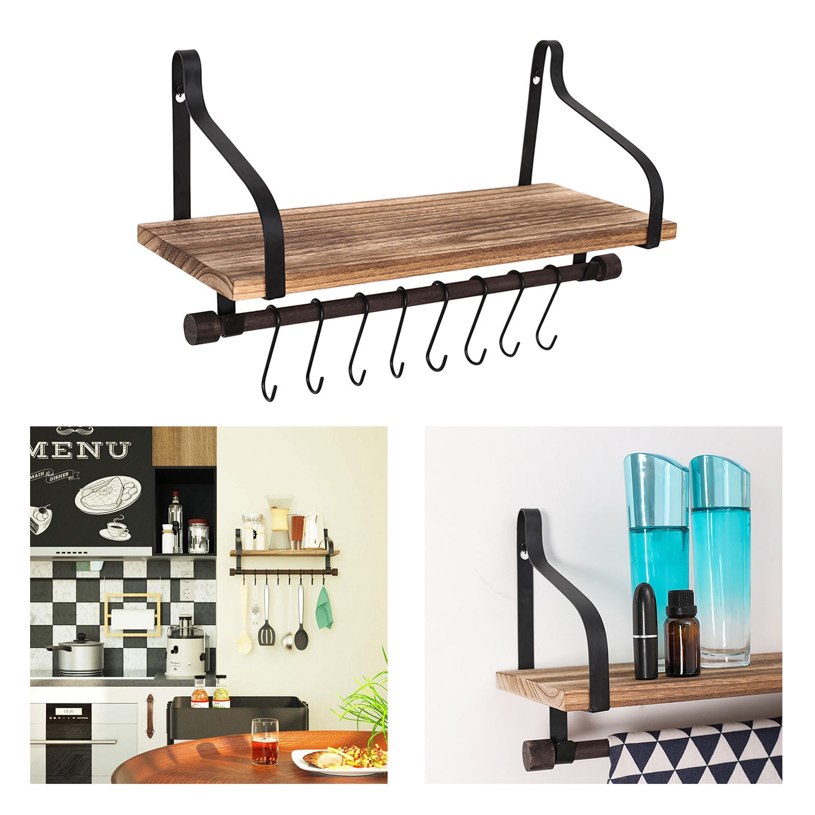 Floating Wood Shelves Rack Hanger 8 Removable Hooks Home Kitchen Organizer