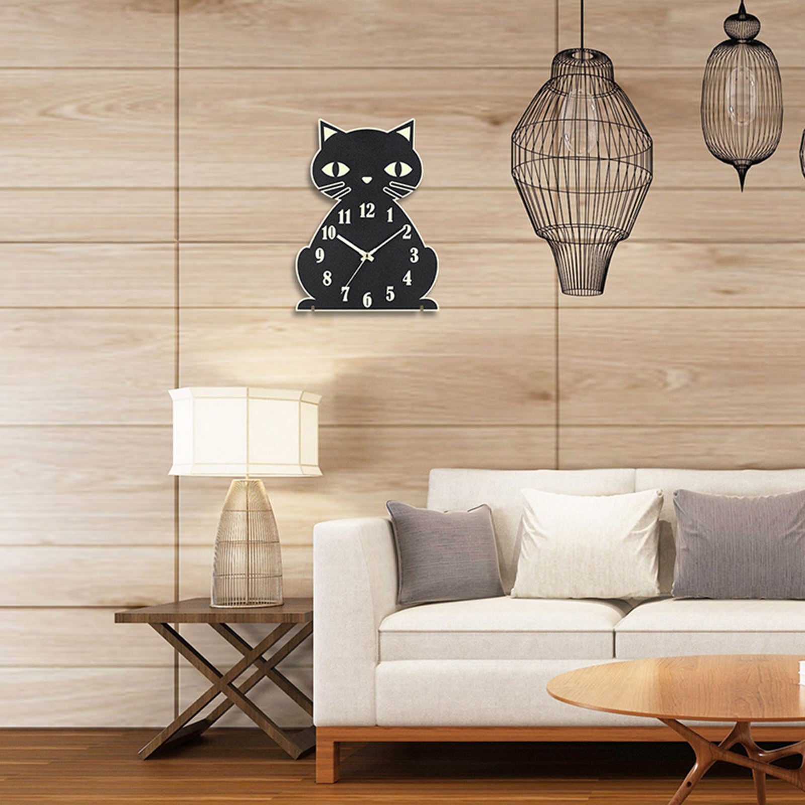 Wooden Cat Wall Clock Desktop Bedroom Kitchen Glow in Dark Hotel Clocks