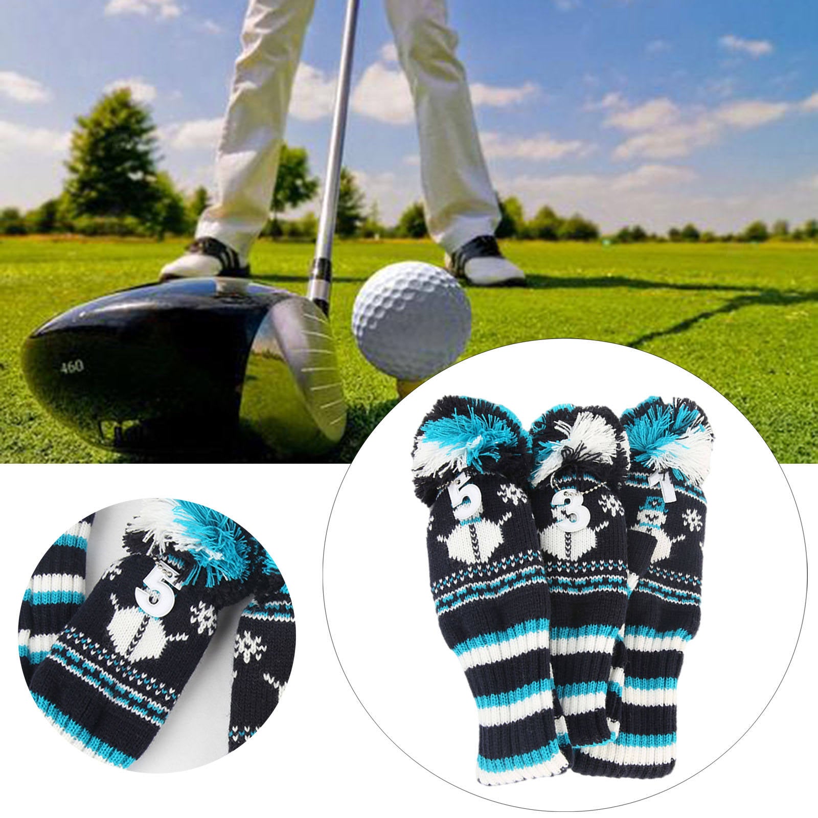 3 Golf Club Knit Headcover Fairway Woods Driver Hybrid Head Covers Protector