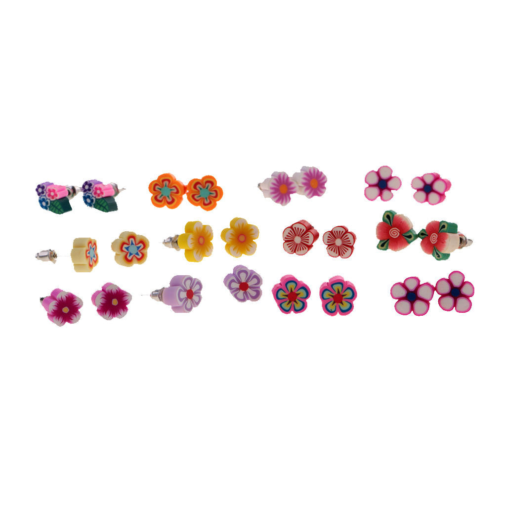 10mm 12 Pairs Cute Multi-color Polymer Clay Women Ear Stud Earrings Flower