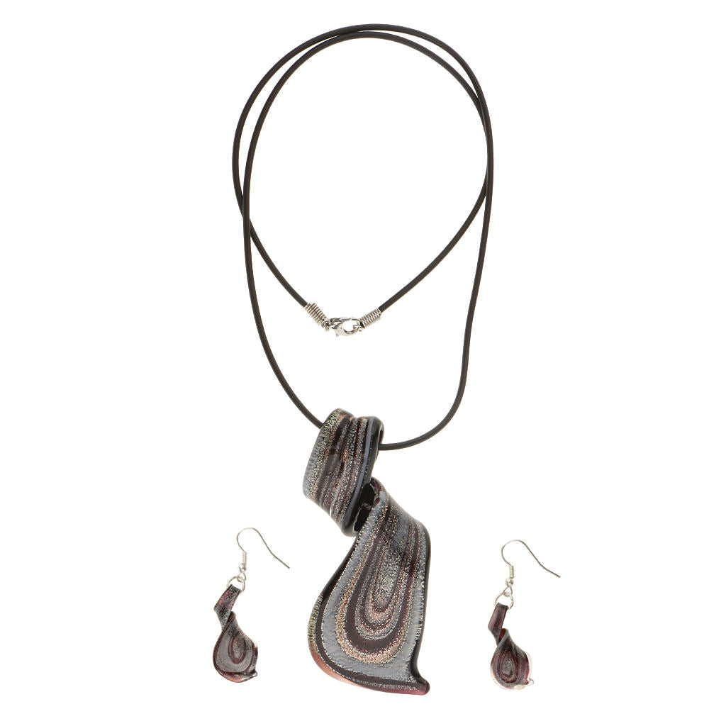 Women Glass Spiral Necklace Dangle Fish Hook Earrings Jewelry Set  Black