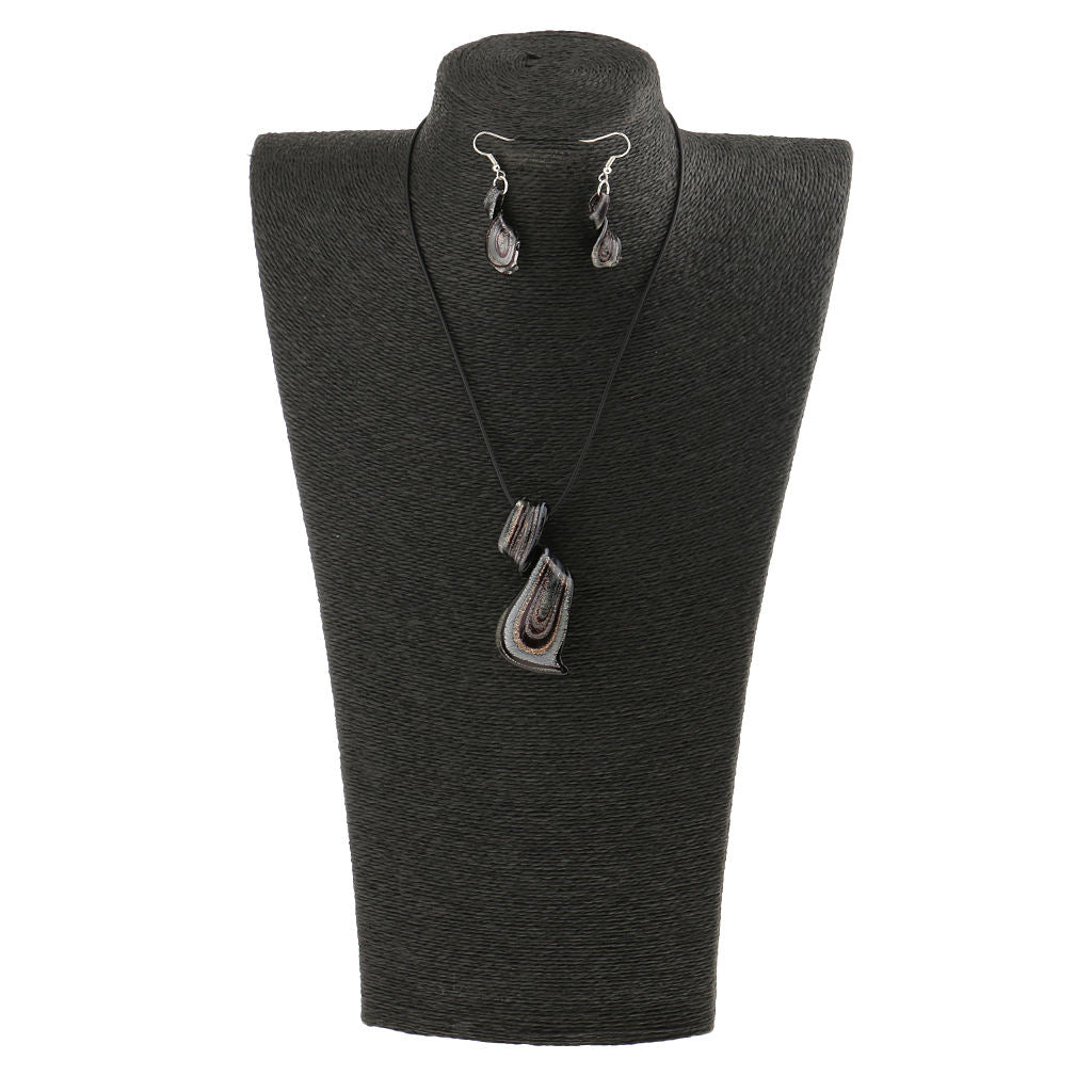 Women Glass Spiral Necklace Dangle Fish Hook Earrings Jewelry Set  Black
