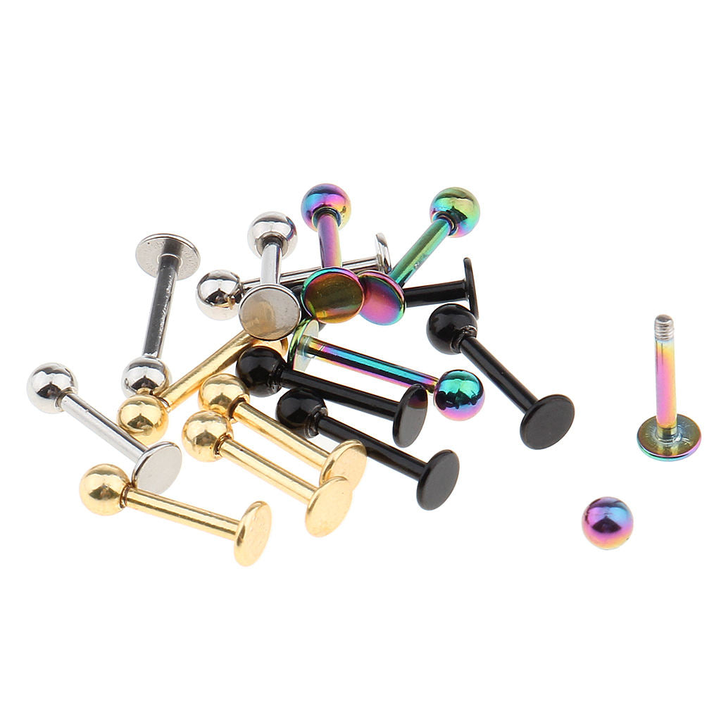 16Pcs Stud Thread Ring Bar Earrings Labret Lip Ear Nose Tragus Piercing 18G