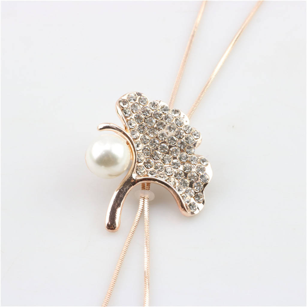 Women Fashion Crystal Leaf Pendant Long Sweater Clothing Chain Necklace