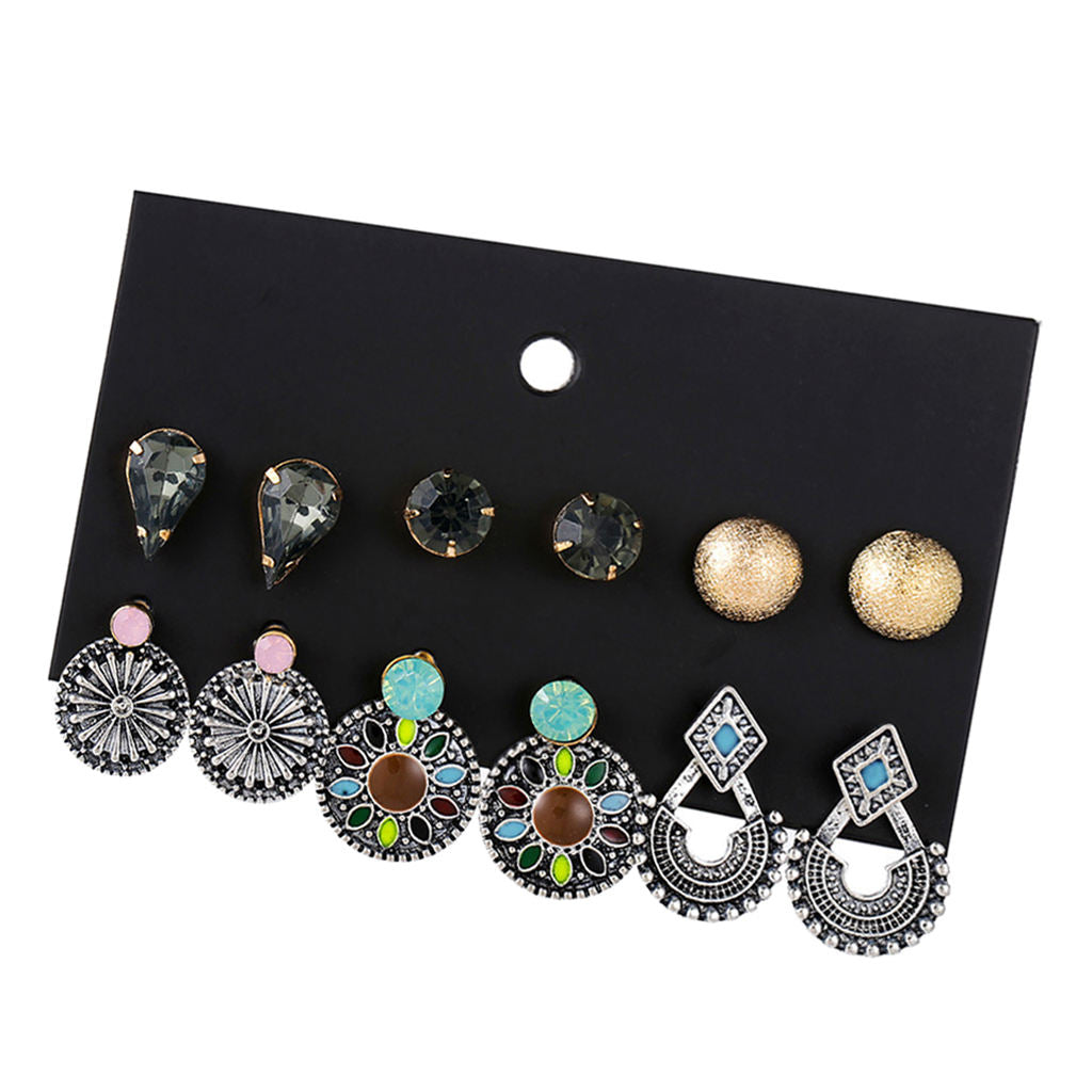 6Pairs/Set Rhinestone Stud Earrings Women Boho Earrings Fashion Jewelry 04