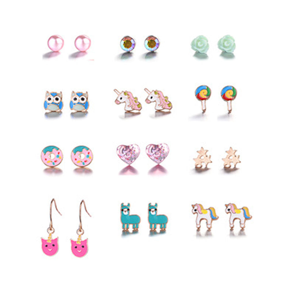 24Pairs Multiple Stud Earrings Cartoon Unicorn Owl Womens Wedding Jewelry
