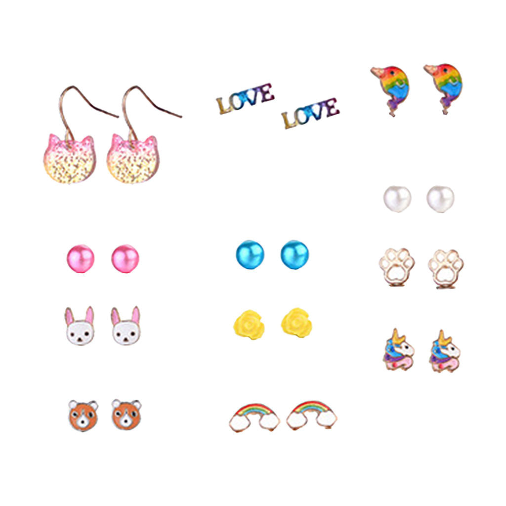 24Pairs Multiple Stud Earrings Cartoon Unicorn Owl Womens Wedding Jewelry