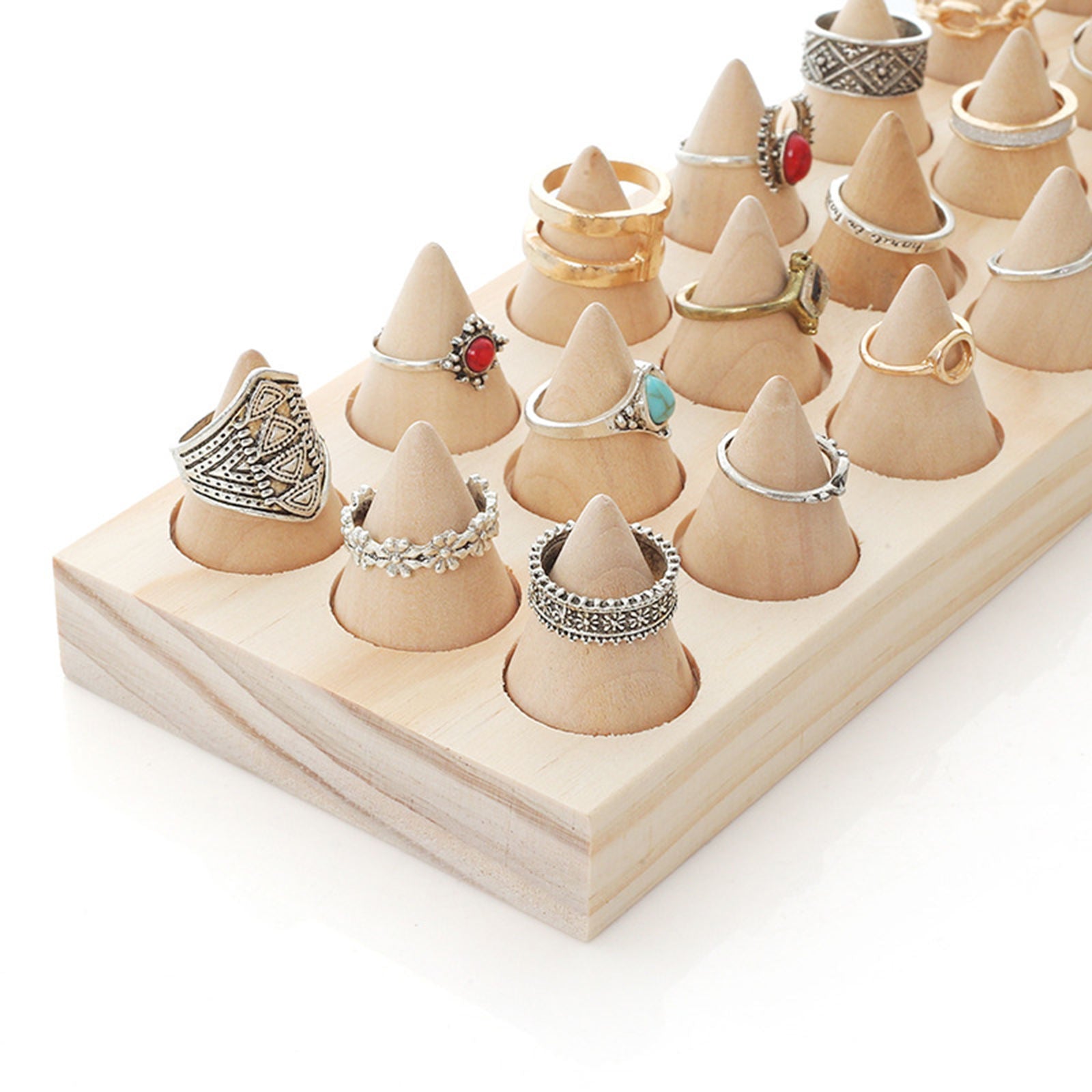 24 Fingers Natural Wood Rings Display Stands Showcase Jewelry Decorative