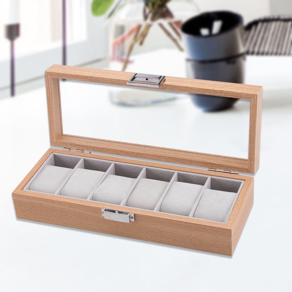 6 Slot Watch Display Case Box w/Clear Top Jewelry Storage Holder Organizer