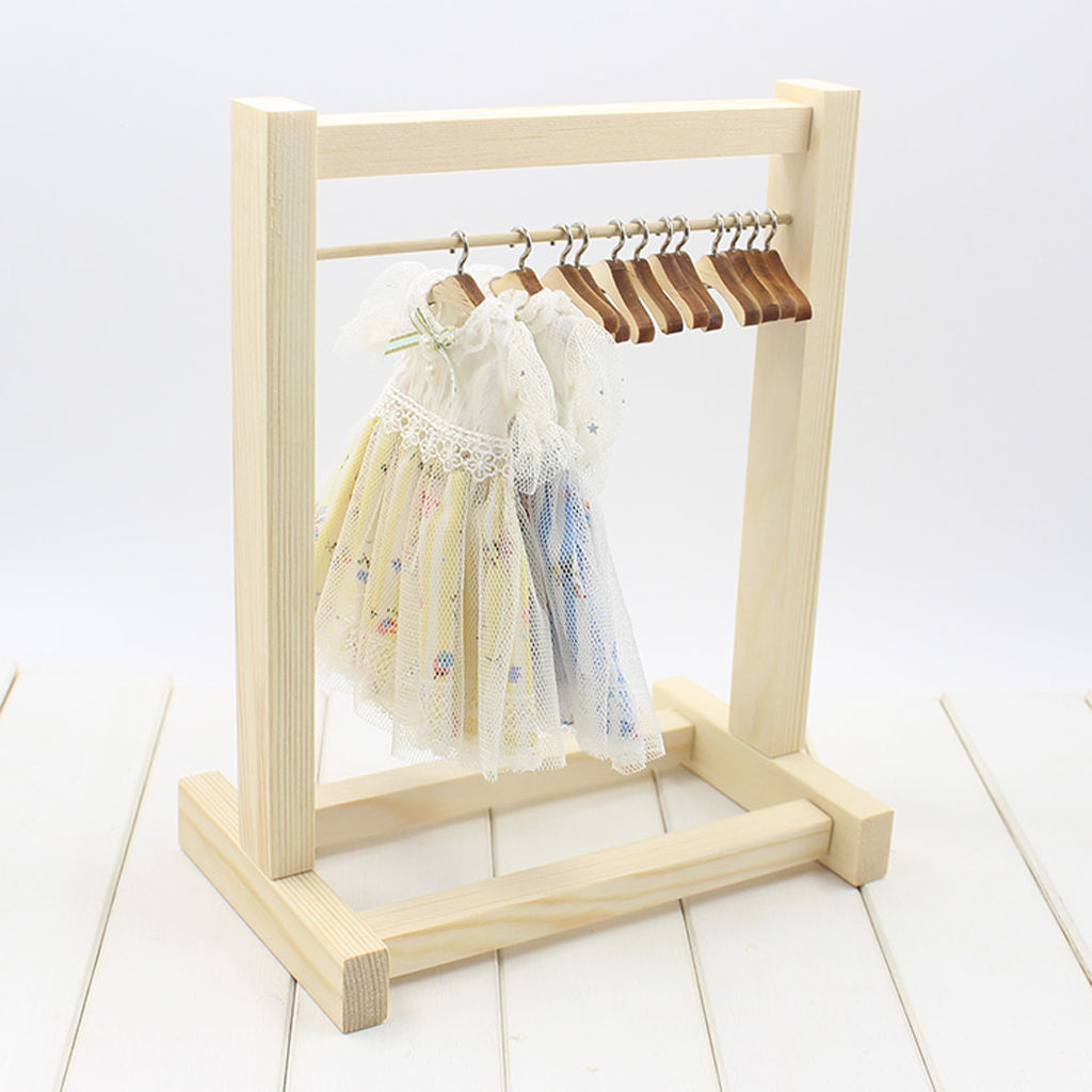 Mini Wooden Clothes Hanging Stand with 10pcs Hook Hangers Set for 12'' BJD