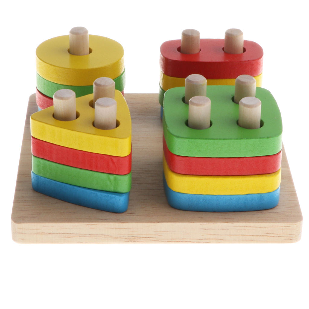 Wood Geometry Block Stack Pegging Game Colors And Shapes Sorting Game Montessori