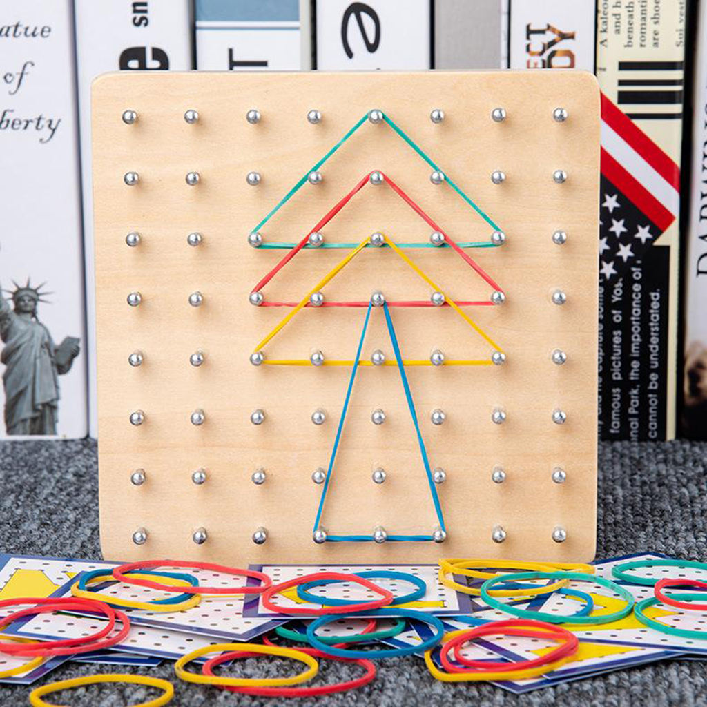 Wood Geoboard Graphical Education with 20pcs Pattern Cards and Latex Bands