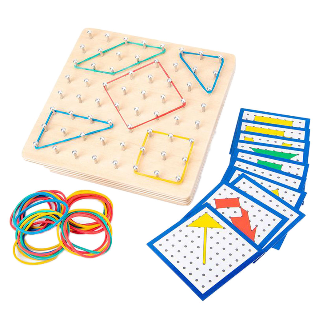 Wood Geoboard Graphical Education with 20pcs Pattern Cards and Latex Bands