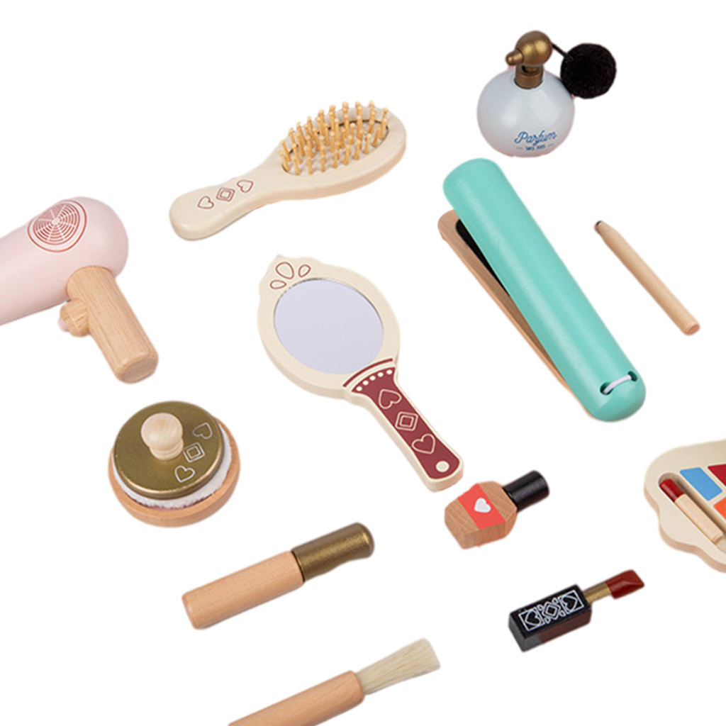 13 PCS Salon Makeup Kit for Girl Toddler Brush Wooden Cosmetic Play Set Gift