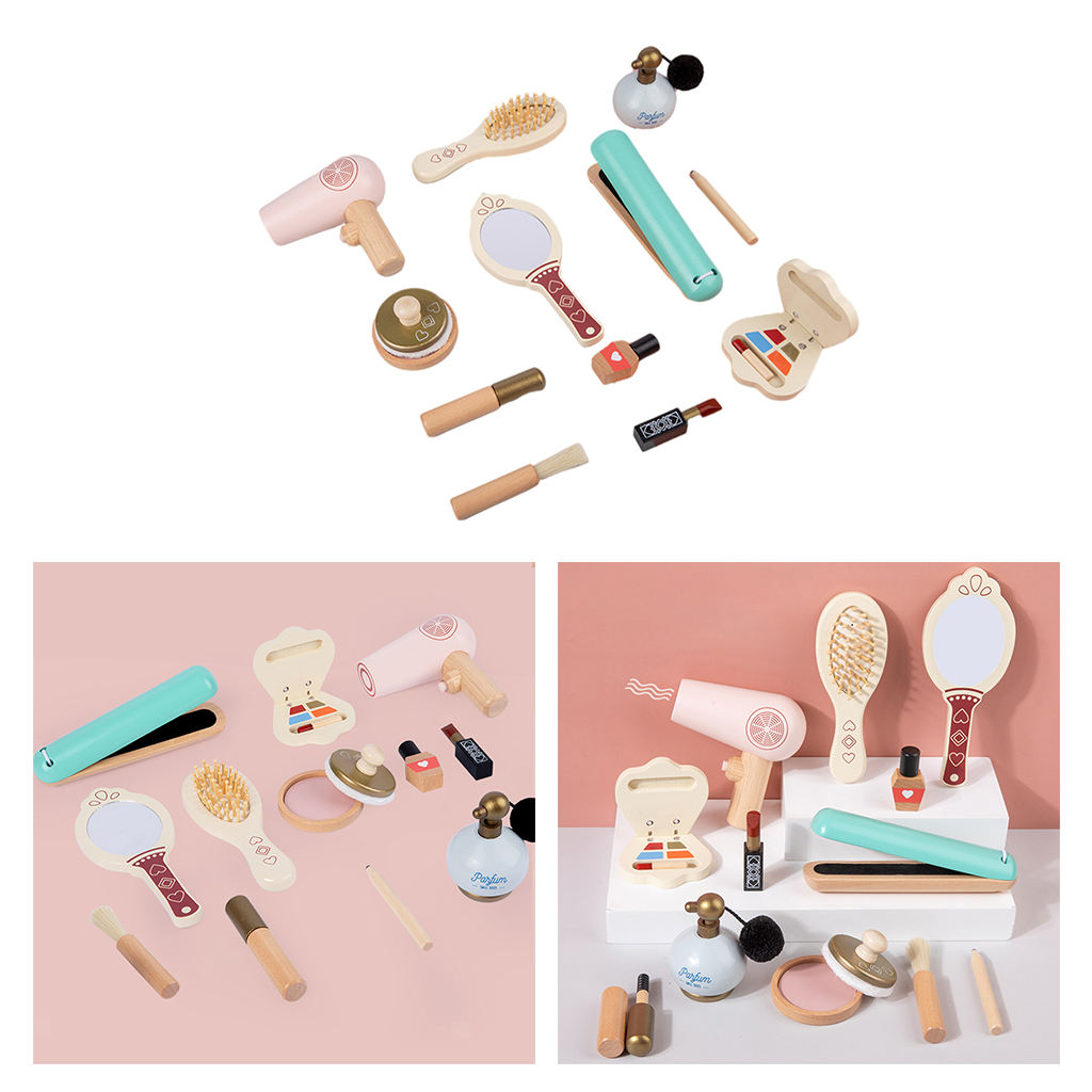 13 PCS Salon Makeup Kit for Girl Toddler Brush Wooden Cosmetic Play Set Gift