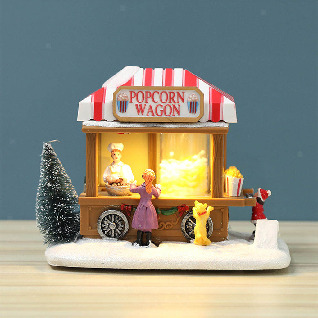 1pcs  Christmas Scene Snow LED Popcorn Wagon Village Table Desktop Decor