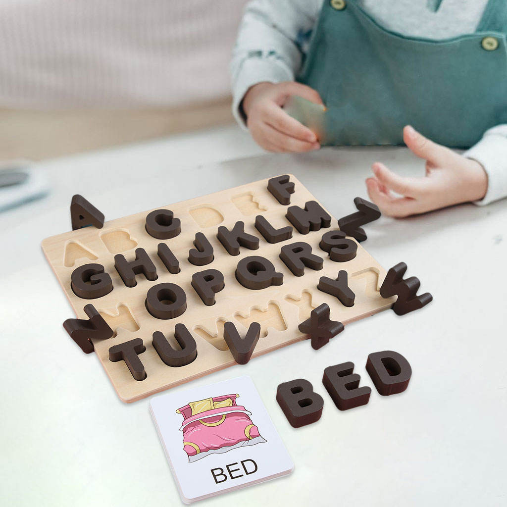 Wooden ABC Alphabet Letter Puzzle Board with 18 Card Early Learning