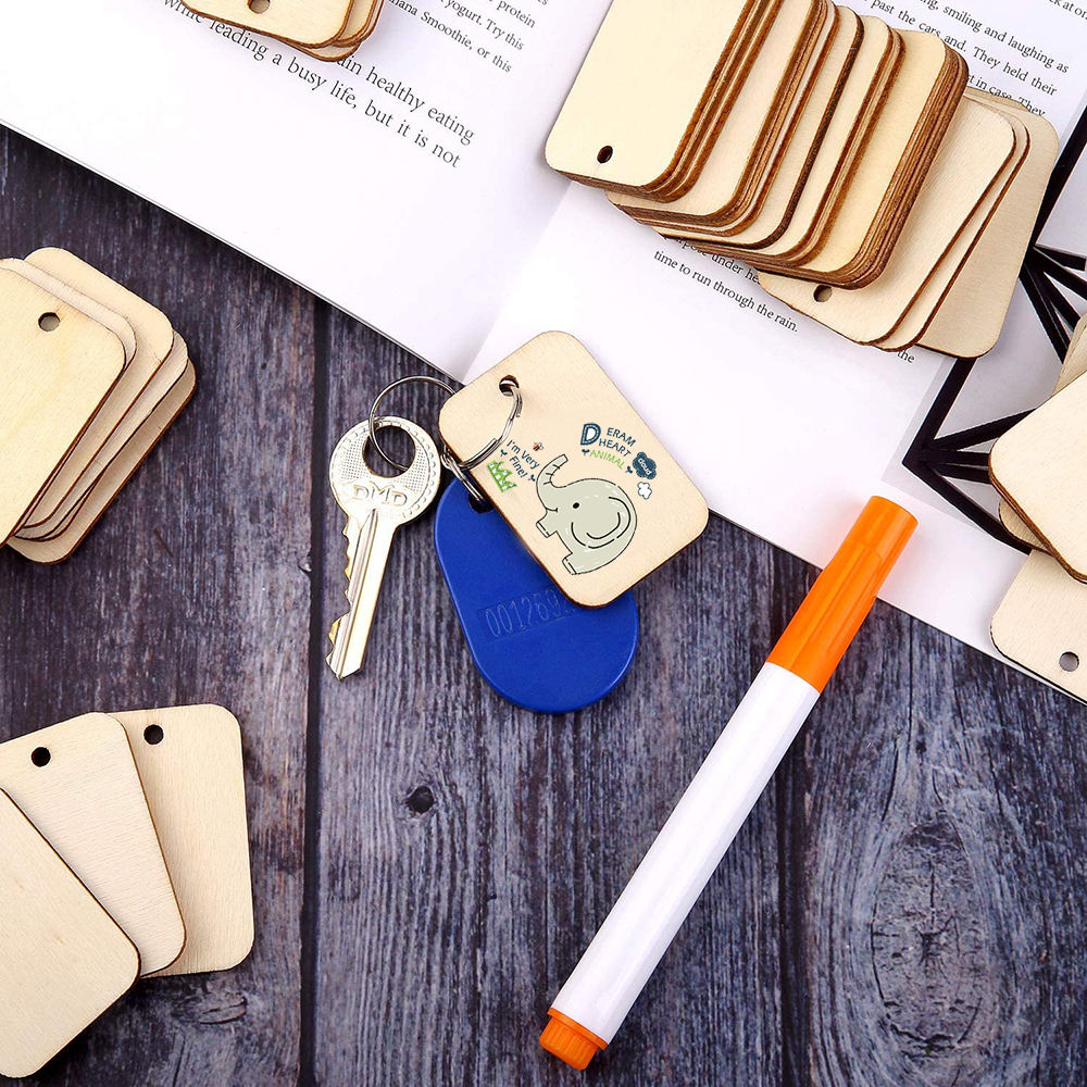 50 Pcs Wooden Rectangle Craft Shape Tag Embellishment for Craft with Rope
