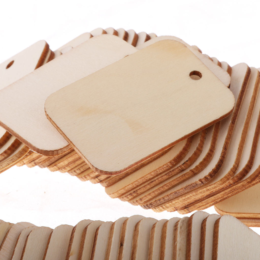 50 Pcs Wooden Rectangle Craft Shape Tag Embellishment for Craft with Rope